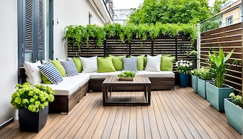 Terrass med trädäckgolv och staket, gröna krukväxter och utemöbler